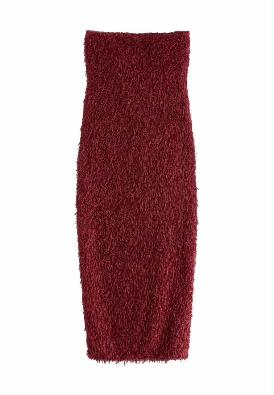 Burgundy Red Fringe Sequin Bandeau Midi Dress