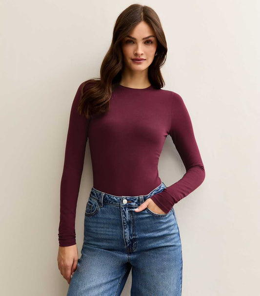 Tall Burgundy Stretchy Cotton Crew Neck Long Sleeve Bodysuit