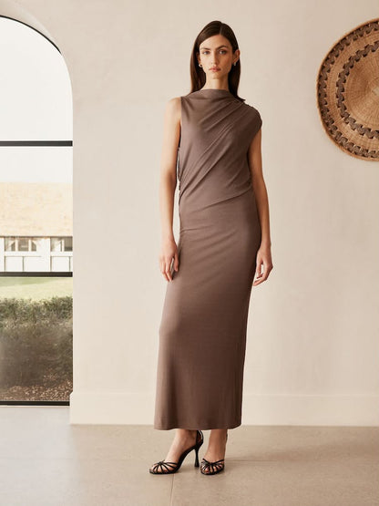 Mink Brown Asymmetric Premium Midi Dress
