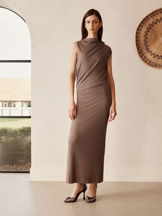 Mink Brown Asymmetric Premium Midi Dress