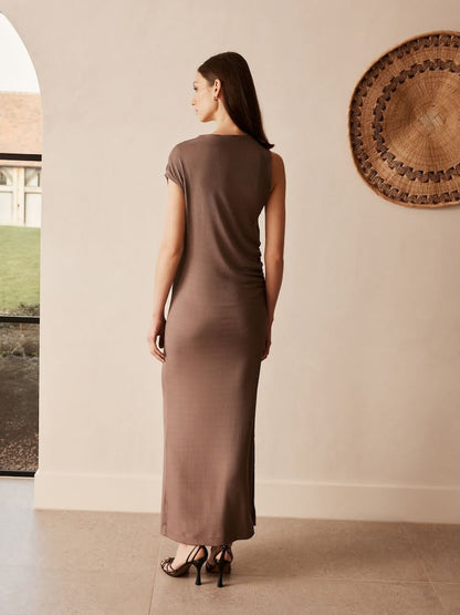 Mink Brown Asymmetric Premium Midi Dress