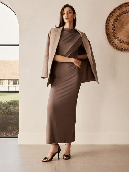 Mink Brown Asymmetric Premium Midi Dress