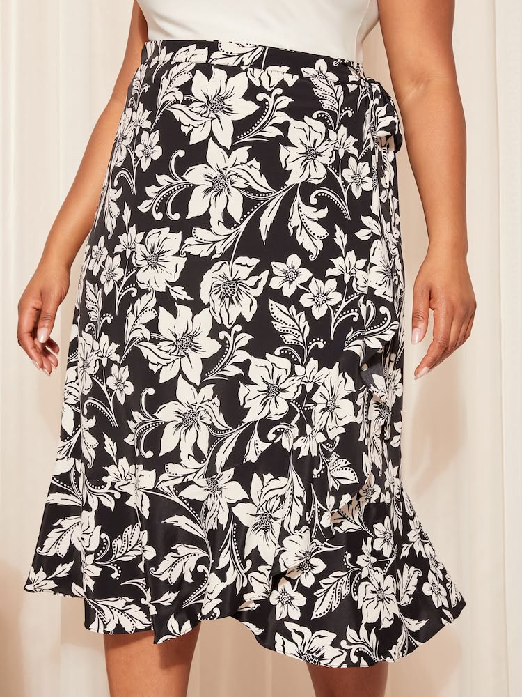 Black / White Wrap Midi Skirt