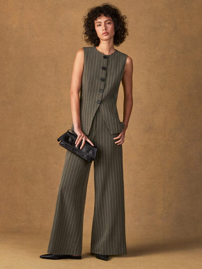 Olive Pinstripe Tailored Waistcoat And Trouser Set