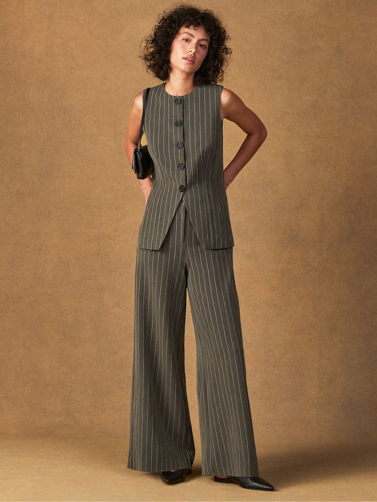 Olive Pinstripe Tailored Waistcoat And Trouser Set