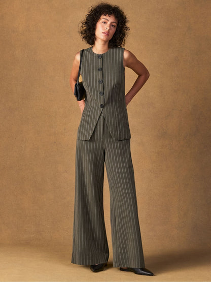 Olive Pinstripe Tailored Waistcoat And Trouser Set