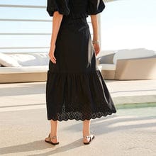 Black Button Through 100% Cotton Midi Skirt