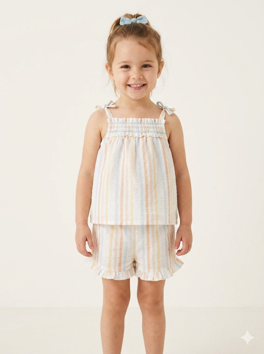 Pastel Stripe Print Frill Detail Top & Shorts Set