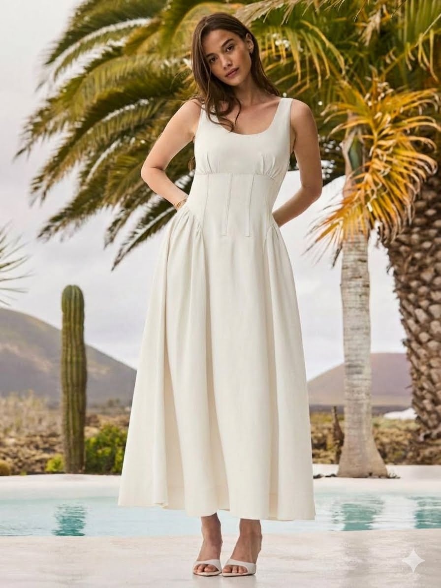 Sleeveless Waist Detail, Dress White