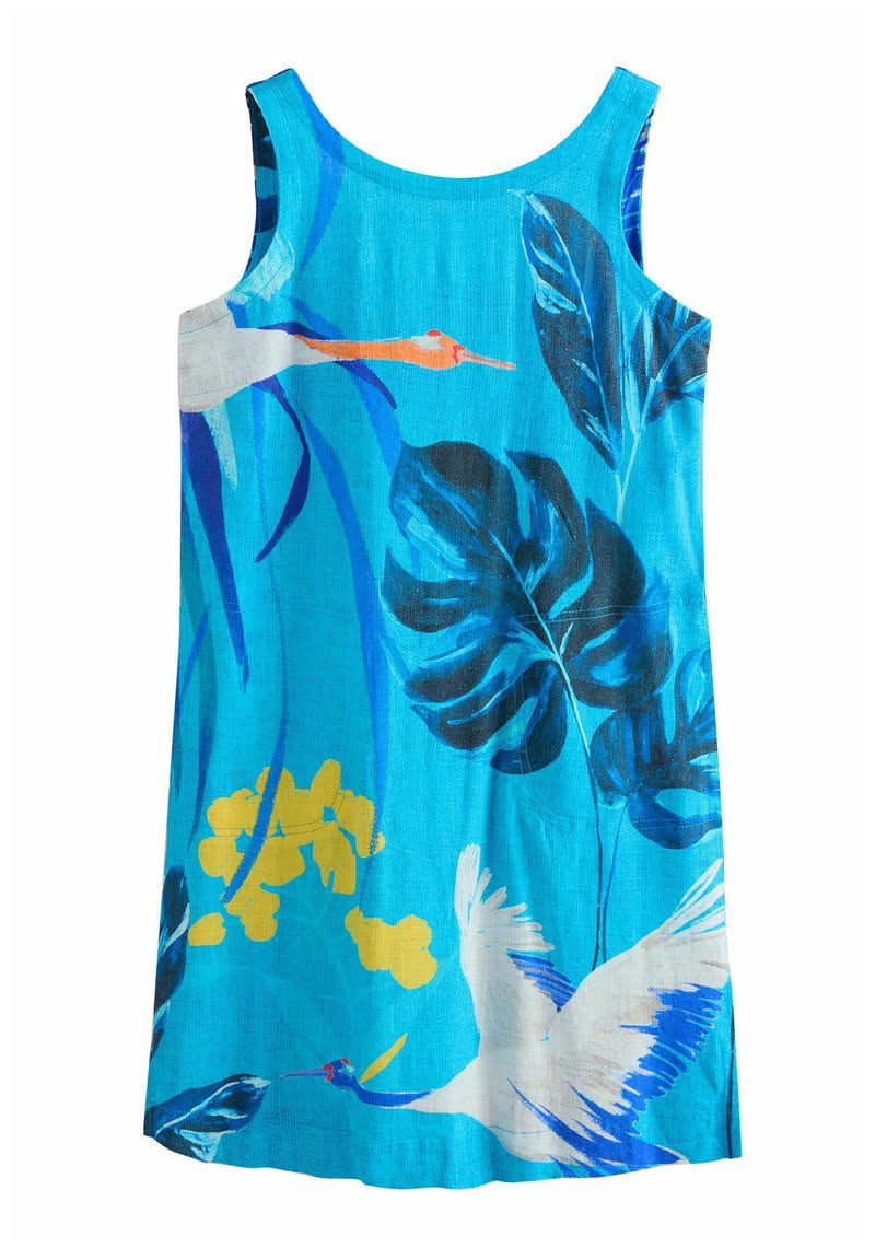 Petite Bright Blue Palm Print Scoop Back Mini Shift Dress