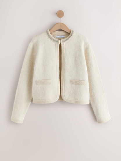 Ecru Embellished Collar Brushed Crew Neck Cardigan