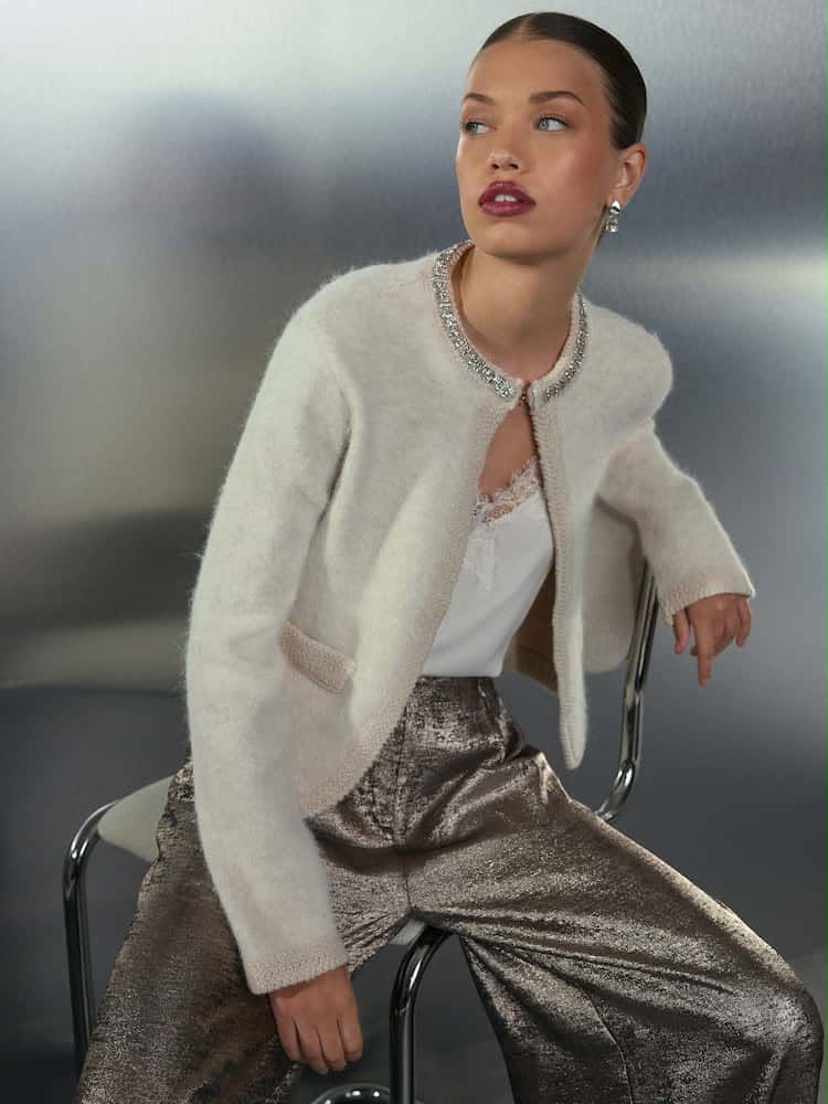 Ecru Embellished Collar Brushed Crew Neck Cardigan