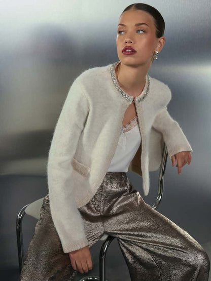 Ecru Embellished Collar Brushed Crew Neck Cardigan