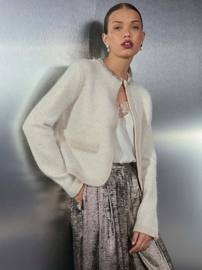 Ecru Embellished Collar Brushed Crew Neck Cardigan