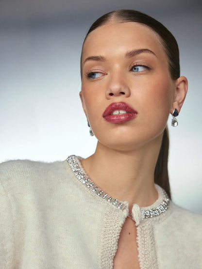 Ecru Embellished Collar Brushed Crew Neck Cardigan