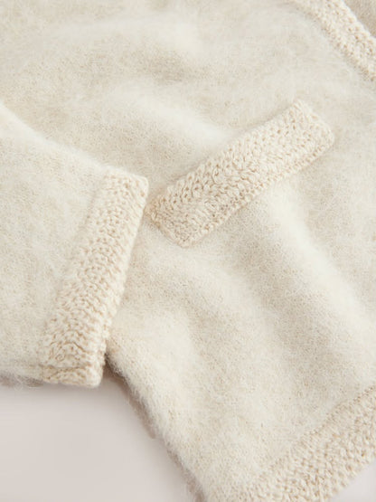 Ecru Embellished Collar Brushed Crew Neck Cardigan