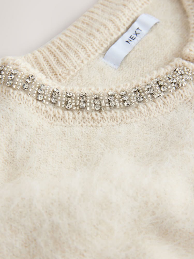 Ecru Embellished Collar Brushed Crew Neck Cardigan