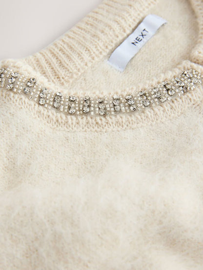 Ecru Embellished Collar Brushed Crew Neck Cardigan