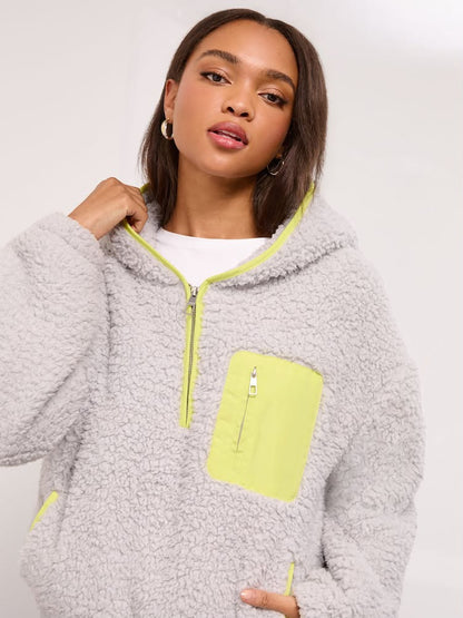 Lipsy Mocha Brown Cosy Borg Half Zip Hoodie