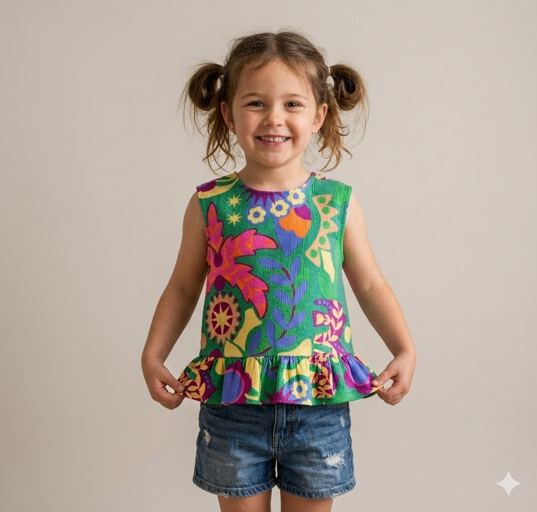 Green Tropical Print Peplum Textured Vest