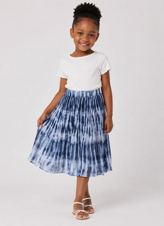 Blue Tie-Dye Pleated Chiffon Midi Skirt