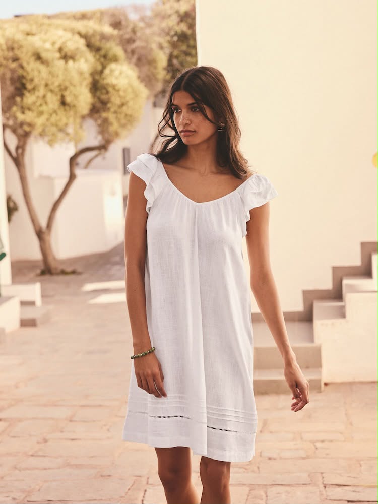 Petite White V-Neck Ruffle Sleeve Mini Dress With Linen
