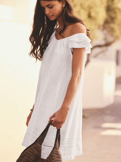 Petite White V-Neck Ruffle Sleeve Mini Dress With Linen