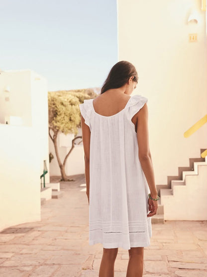 Petite White V-Neck Ruffle Sleeve Mini Dress With Linen