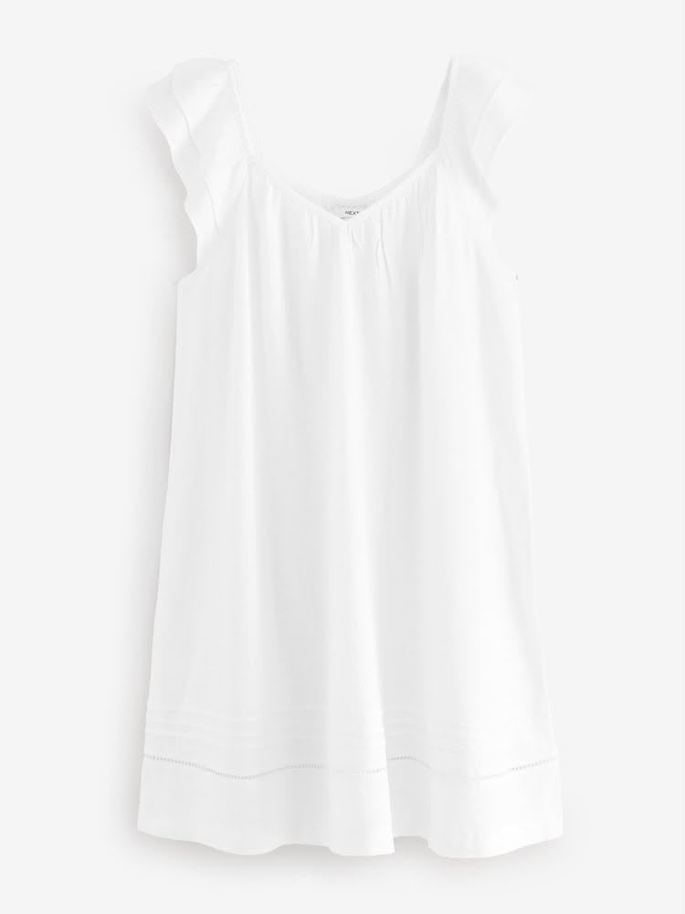 Petite White V-Neck Ruffle Sleeve Mini Dress With Linen