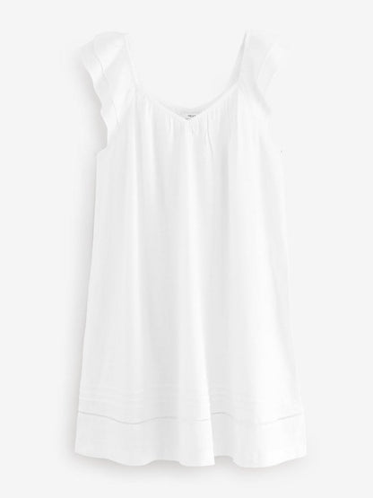 Petite White V-Neck Ruffle Sleeve Mini Dress With Linen