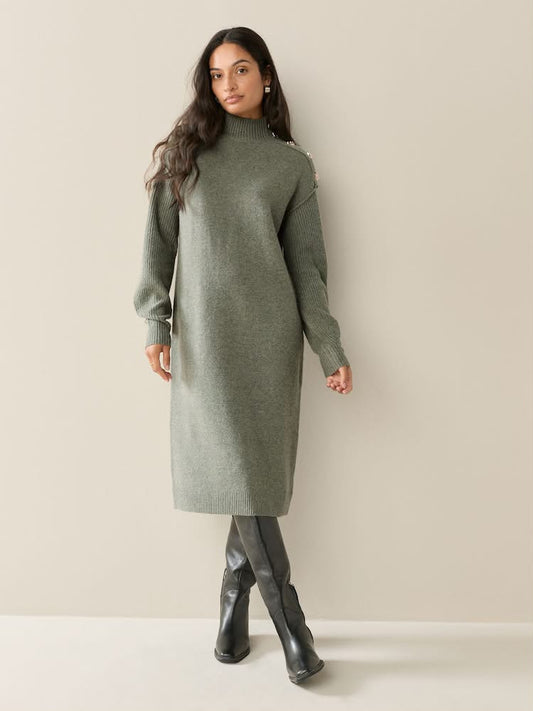 Khaki Green Stand Neck Knitted Midi Jumper Dress