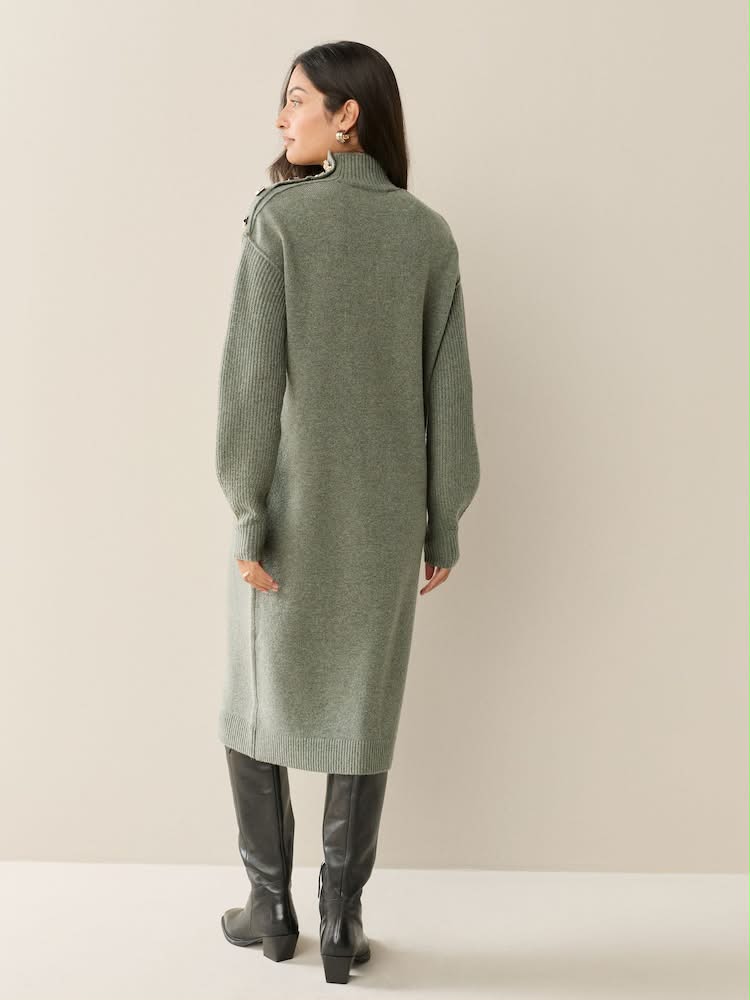 Khaki Green Stand Neck Knitted Midi Jumper Dress