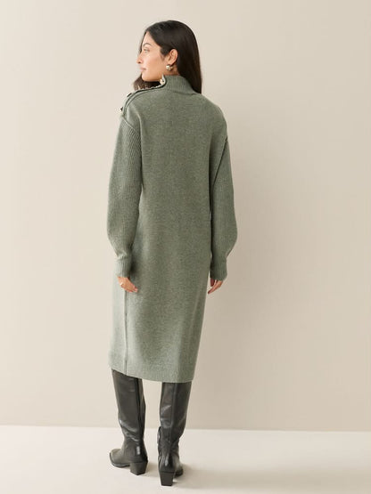 Khaki Green Stand Neck Knitted Midi Jumper Dress