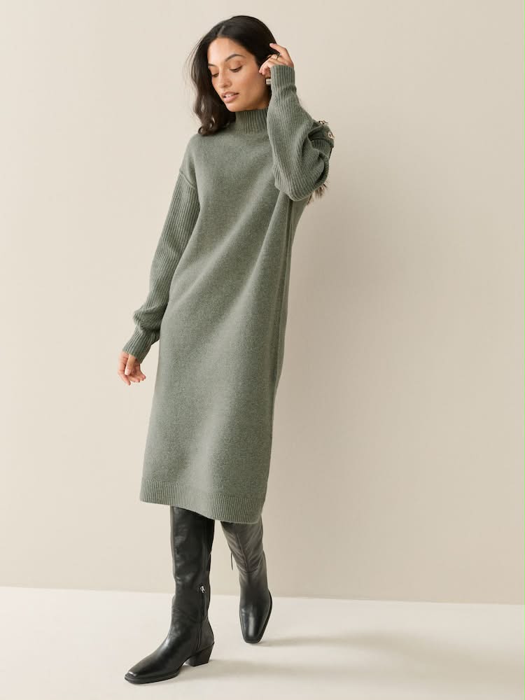 Khaki Green Stand Neck Knitted Midi Jumper Dress