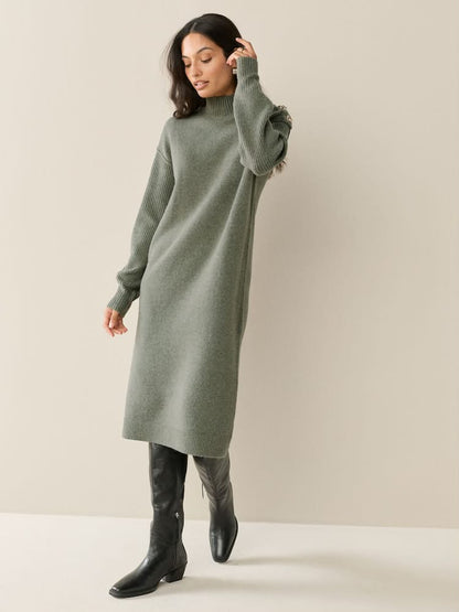 Khaki Green Stand Neck Knitted Midi Jumper Dress