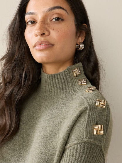 Khaki Green Stand Neck Knitted Midi Jumper Dress