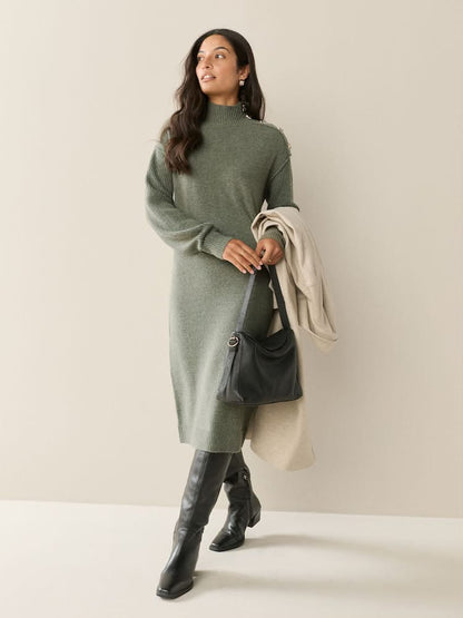 Khaki Green Stand Neck Knitted Midi Jumper Dress