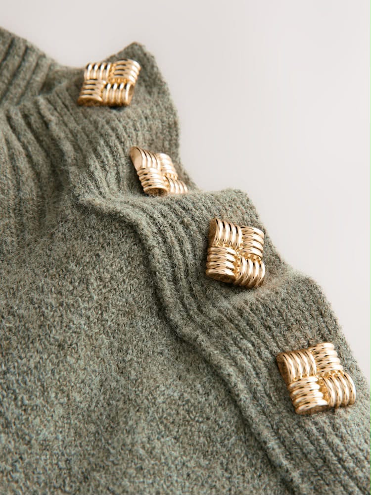 Khaki Green Stand Neck Knitted Midi Jumper Dress