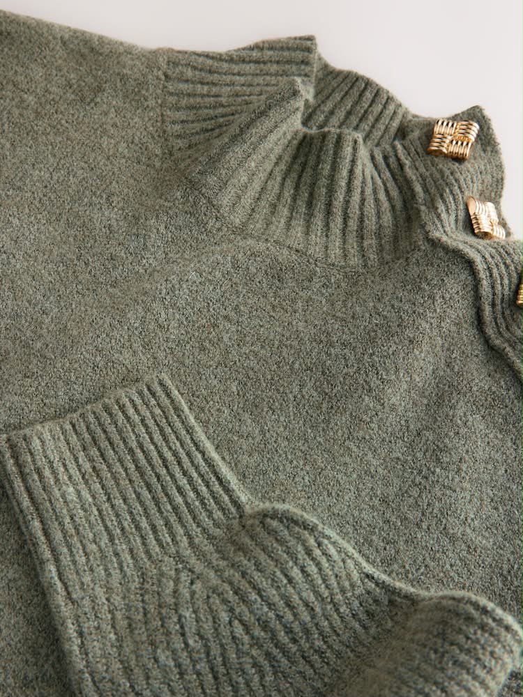 Khaki Green Stand Neck Knitted Midi Jumper Dress