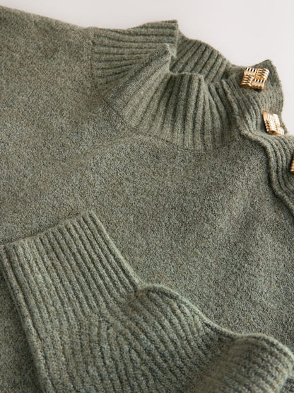 Khaki Green Stand Neck Knitted Midi Jumper Dress