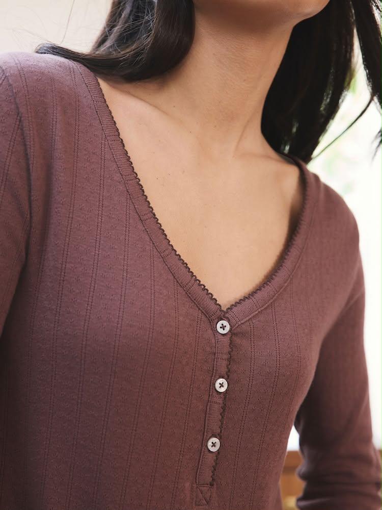 Chocolate Brown Teddy Pointelle Long Sleeve Pyjamas