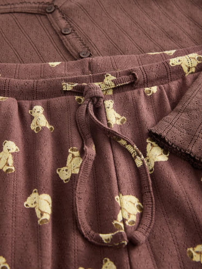 Chocolate Brown Teddy Pointelle Long Sleeve Pyjamas