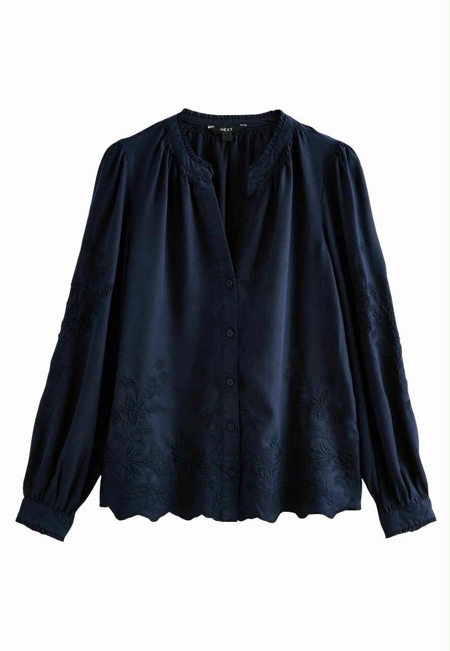 Long Sleeve Button Through Embroidery-Button Down Blouse