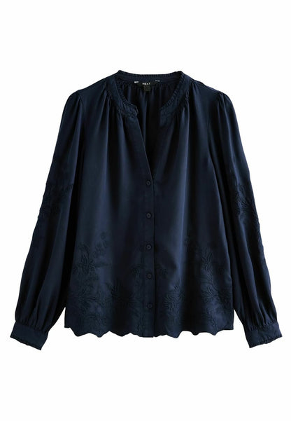 Long Sleeve Button Through Embroidery-Button Down Blouse