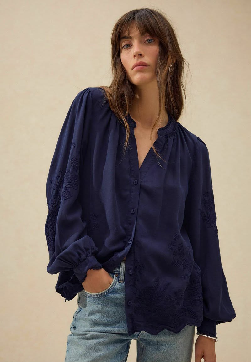 Long Sleeve Button Through Embroidery-Button Down Blouse