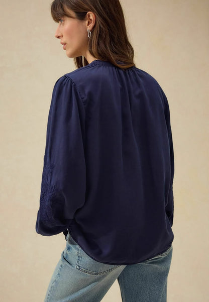 Long Sleeve Button Through Embroidery-Button Down Blouse