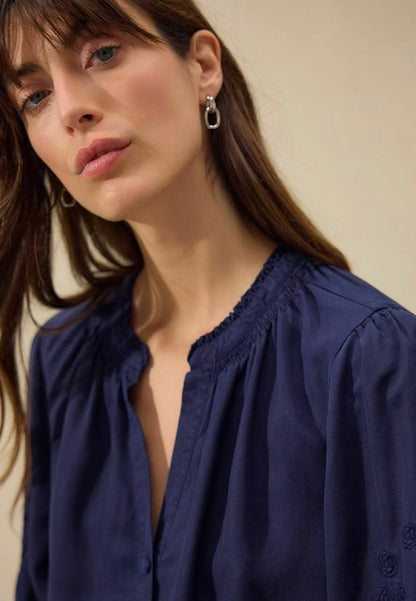 Long Sleeve Button Through Embroidery-Button Down Blouse