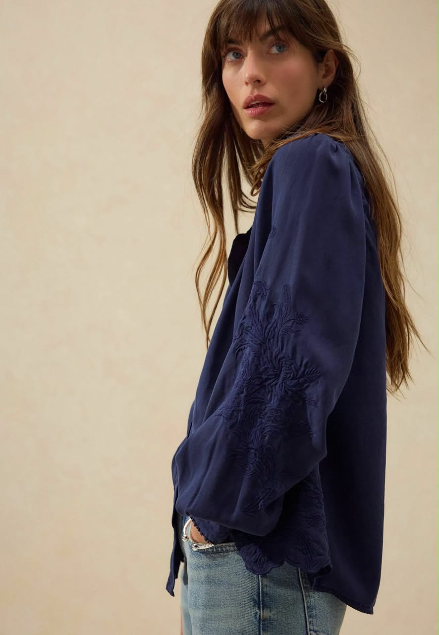 Long Sleeve Button Through Embroidery-Button Down Blouse