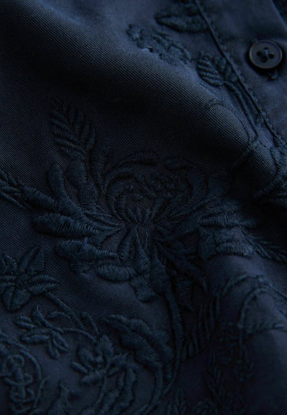 Long Sleeve Button Through Embroidery-Button Down Blouse