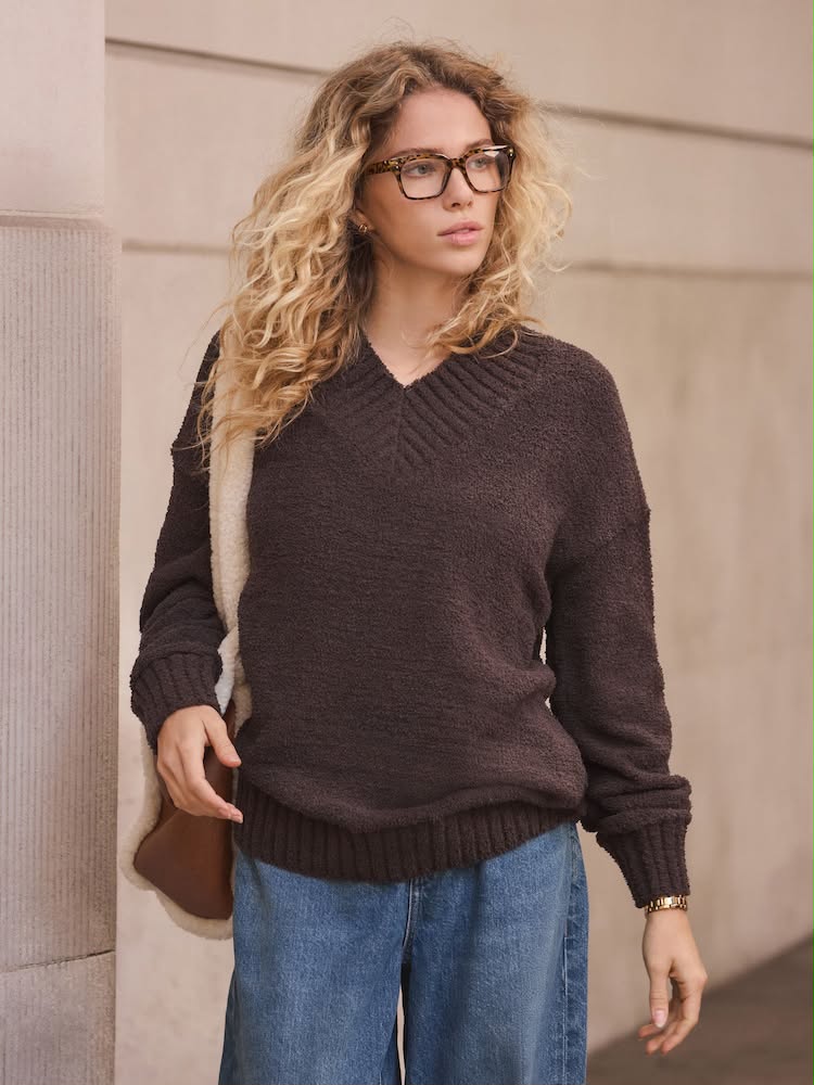Chocolate Brown Cosy V-Neck Long Sleeve Teddy Bear Jumper